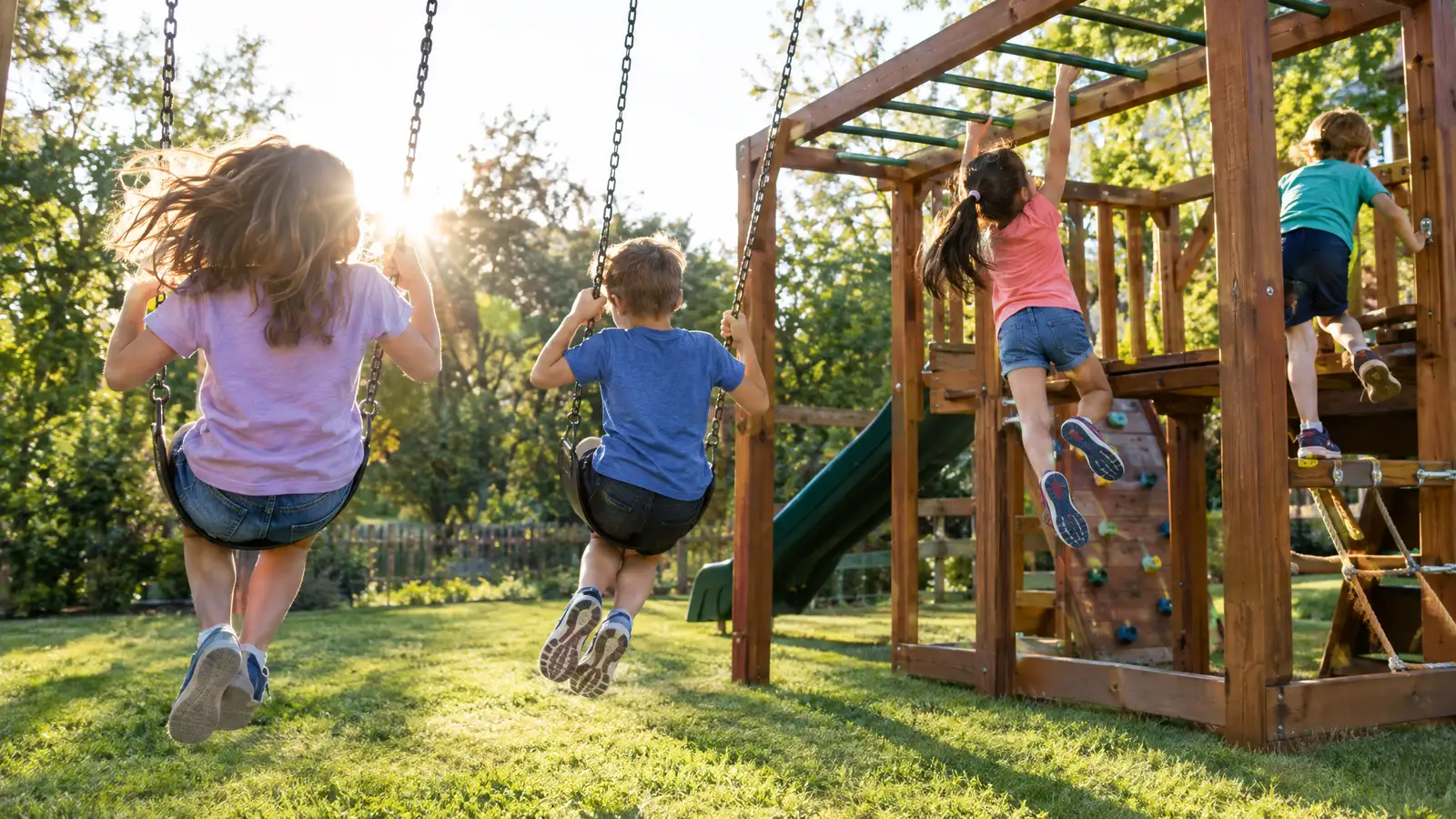 Big-kid action: Taller towers, wave slides, monkey bars, rope ladders and swings with room to fly.