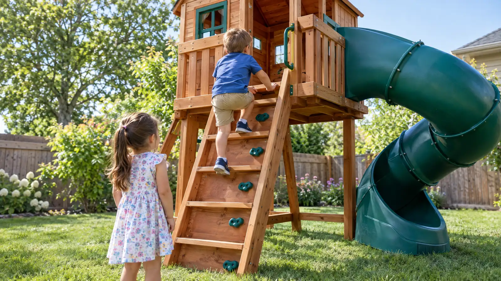 Little adventurers: A fort with a steering wheel, a step-up rock wall, a twisty slide and a clubhouse for pretend play.