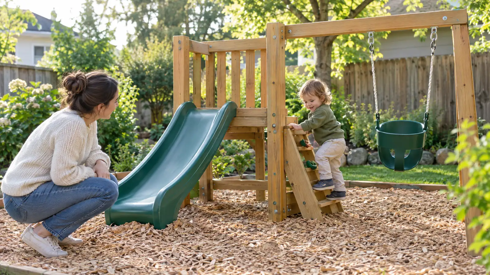 Tiny explorers: Low decks, gentle slides, bucket swings, crawl tunnels and soft landings. Everything small, safe and an arm's reach from you.