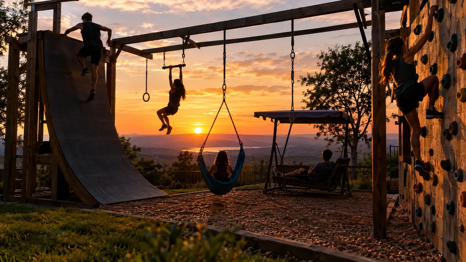 Tweens and teens: Ninja rungs, a warped wall, a hammock swing and a hangout deck that still feels cool.