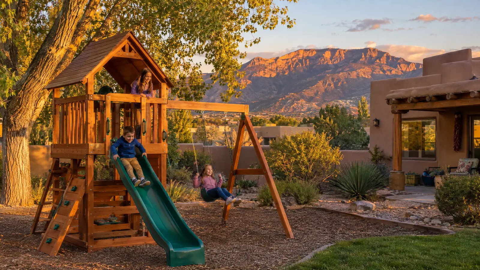 A backyard playground scene from Albuquerque, NM