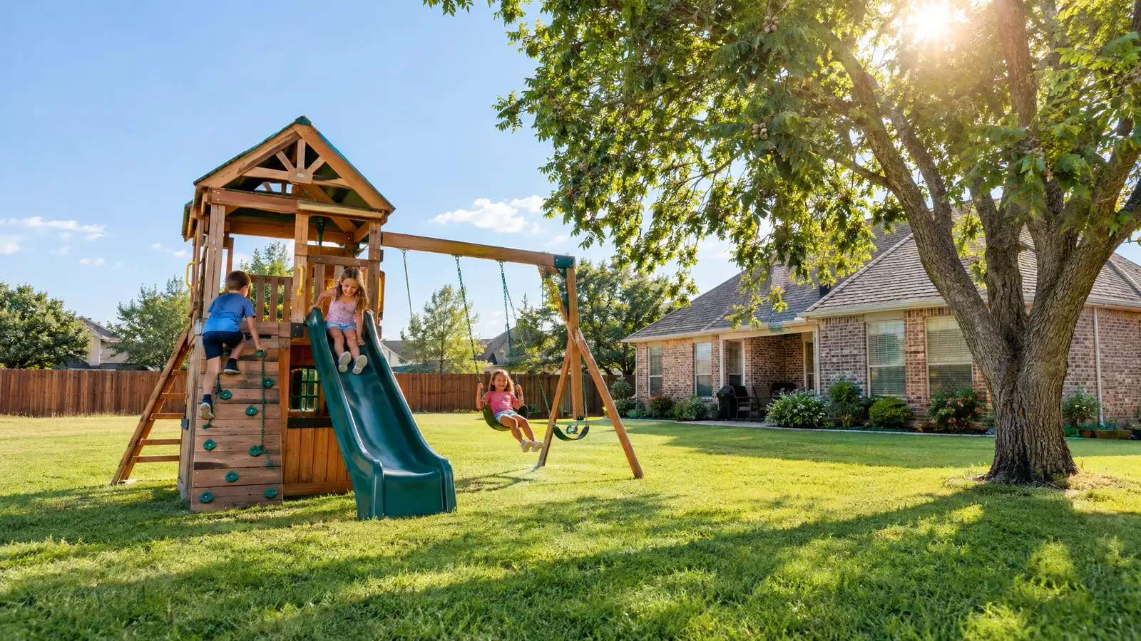 A backyard playground scene from Arlington, TX