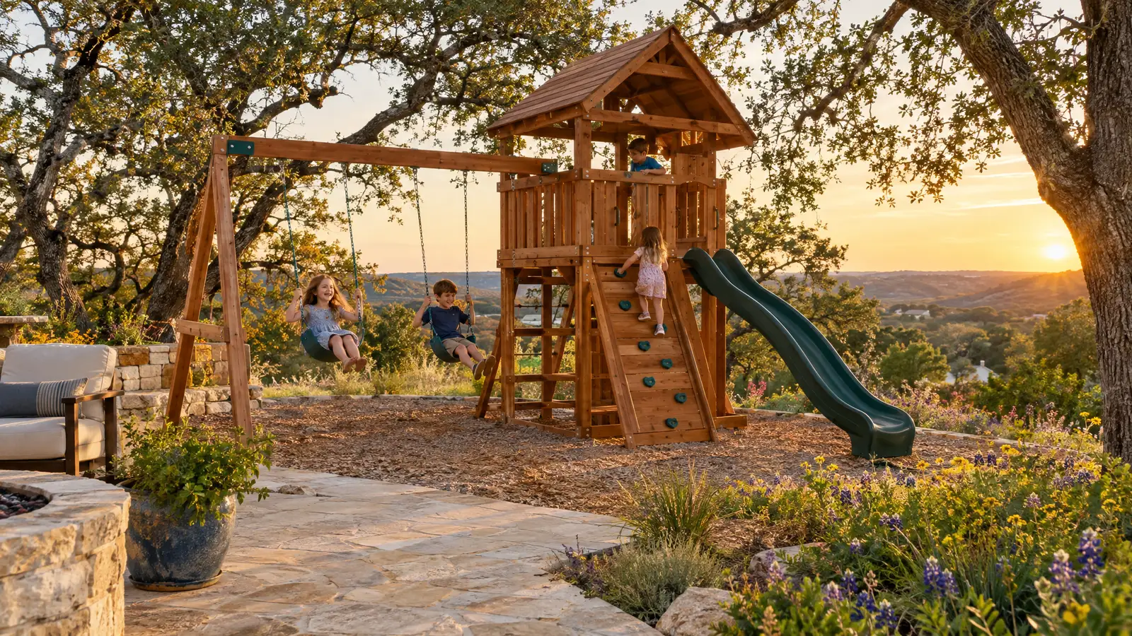 A backyard playground scene from Austin, TX