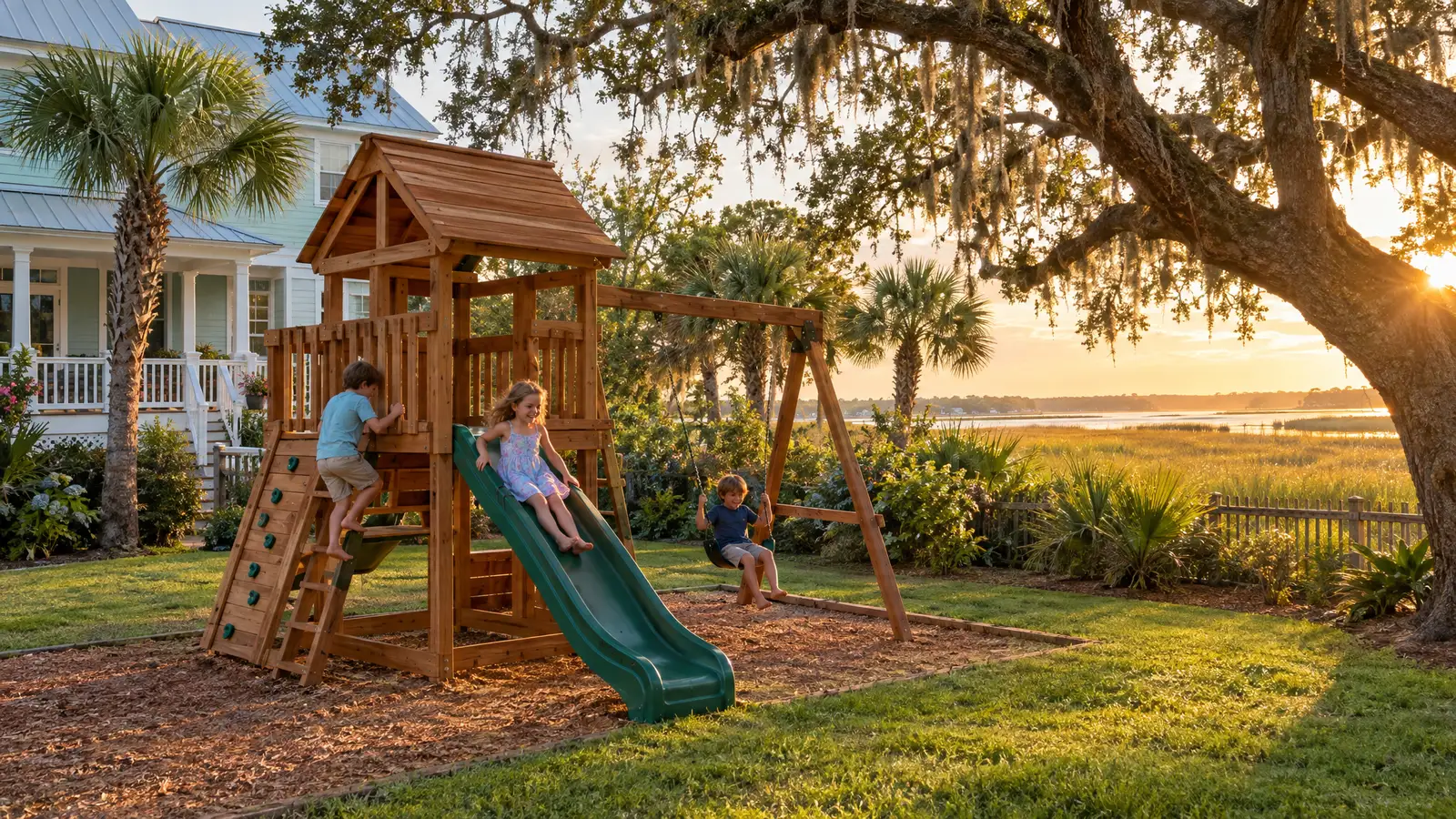 A backyard playground scene from Charleston, SC