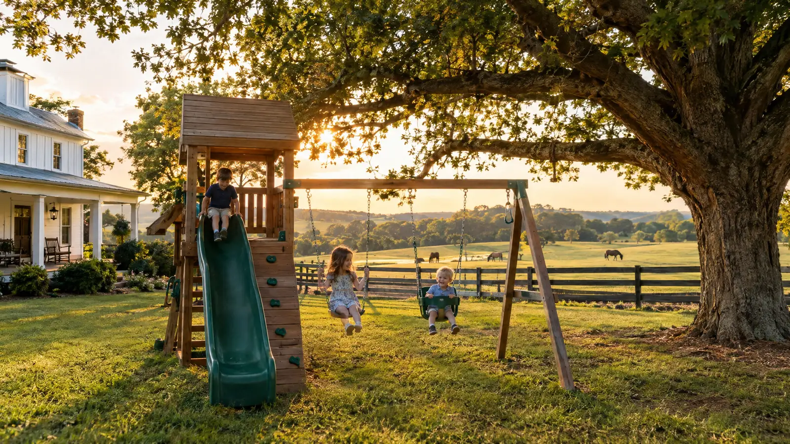 A backyard playground scene from Columbia, TN