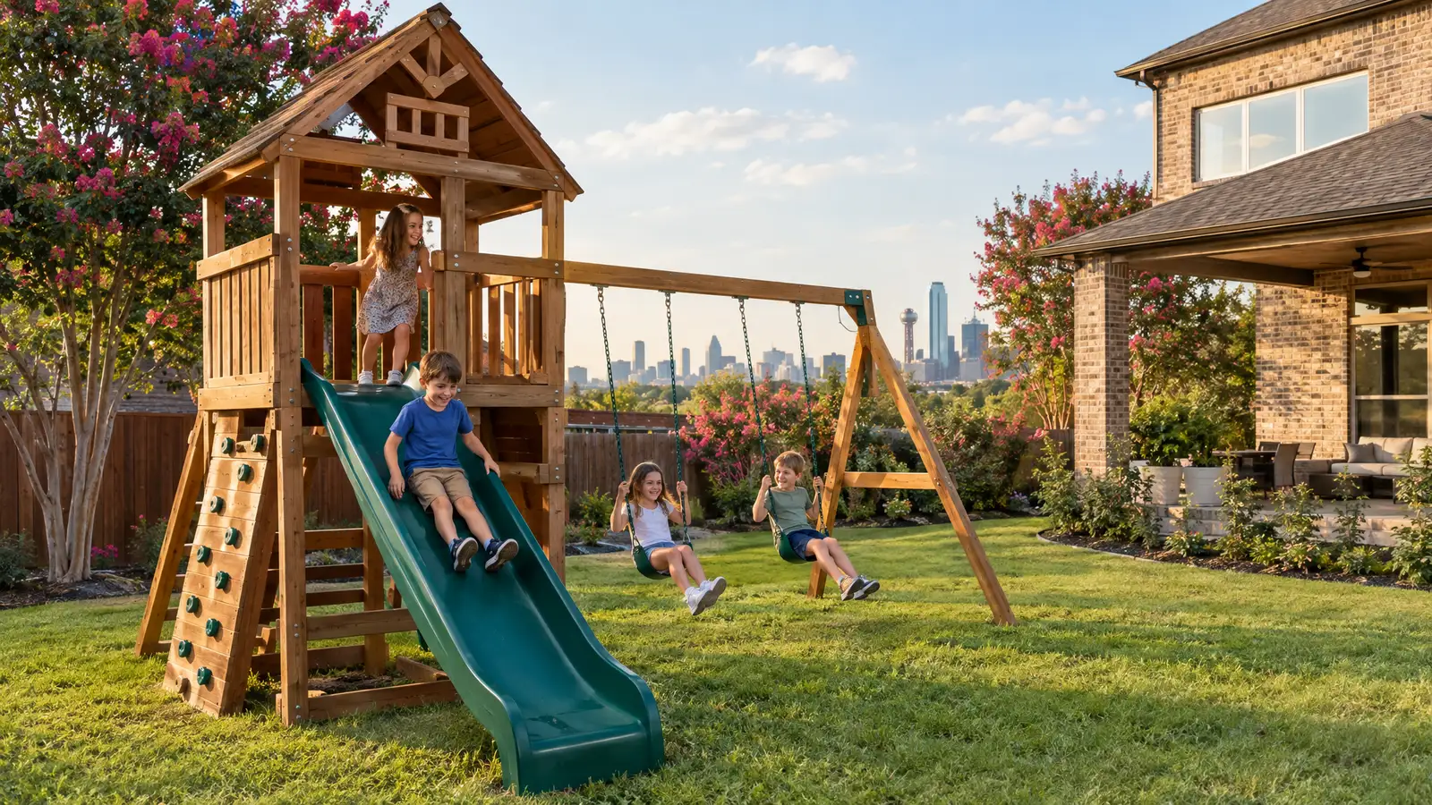 A backyard playground scene from Dallas, TX