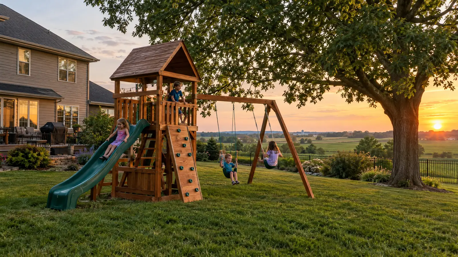 A backyard playground scene from Des Moines, IA