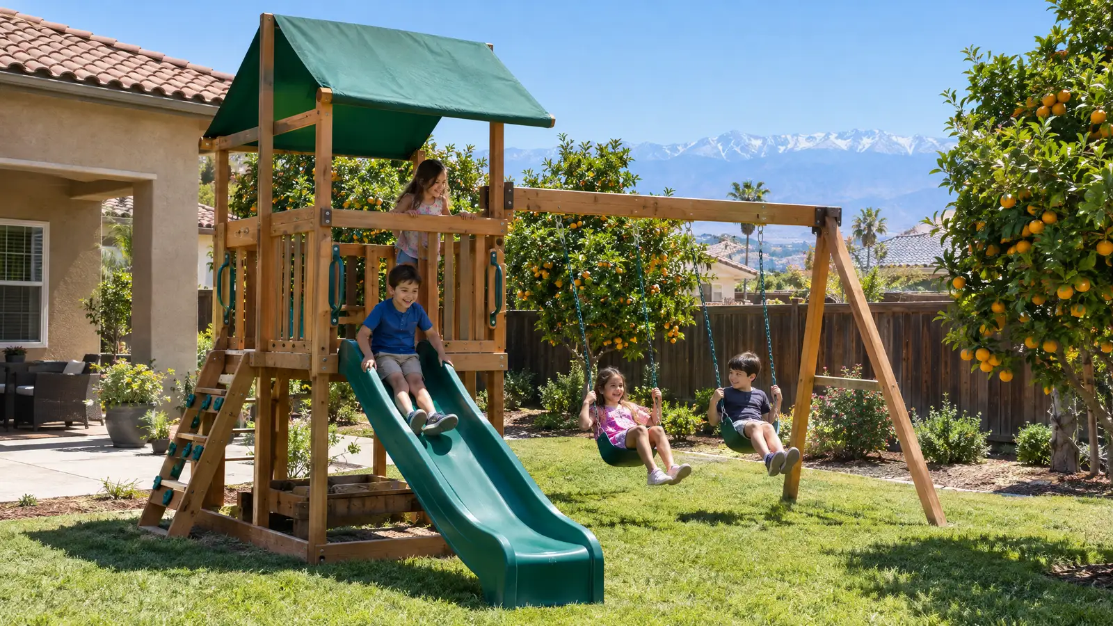 A backyard playground scene from Fresno, CA