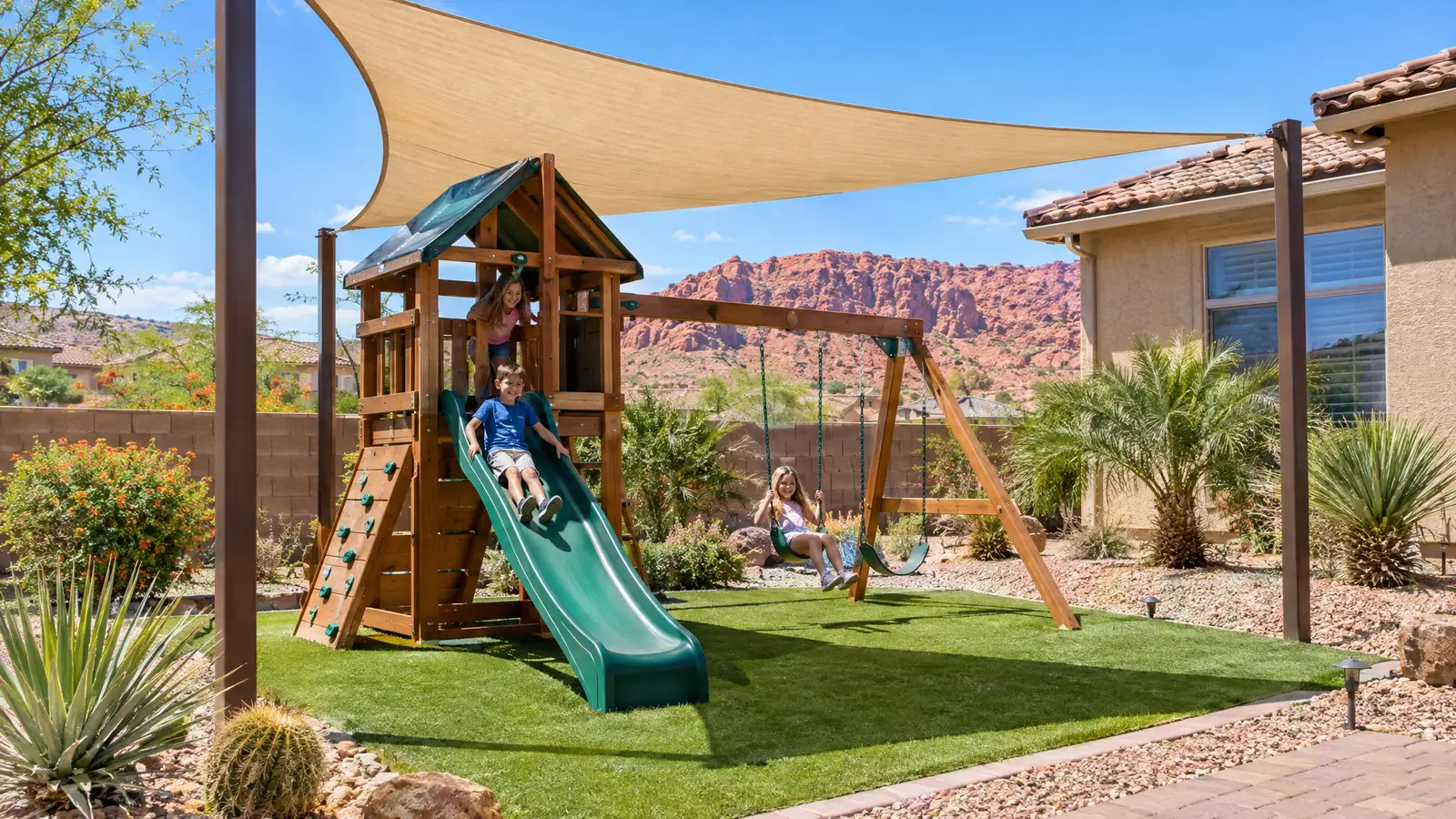 A backyard playground scene from Henderson, NV