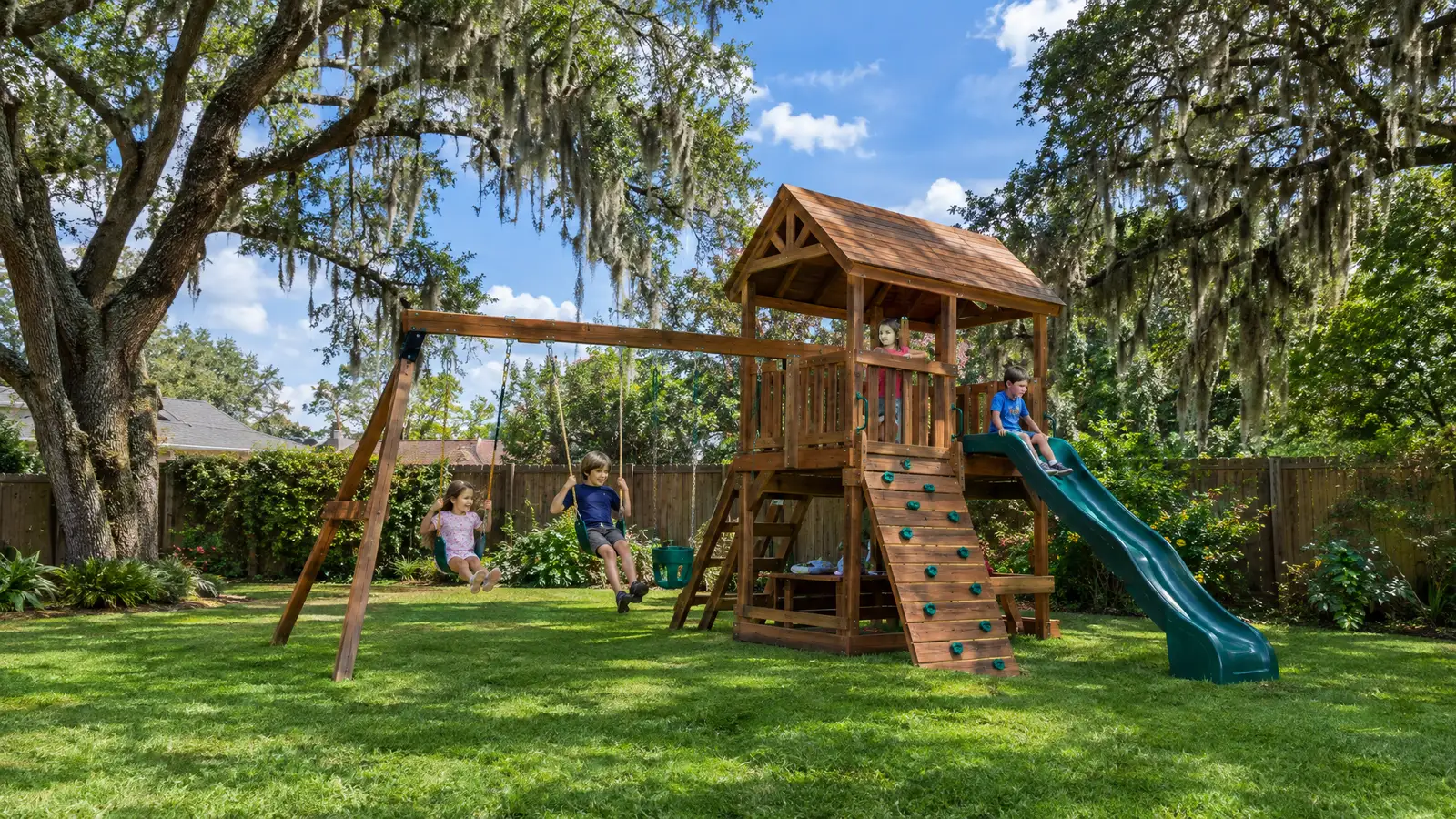 A backyard playground scene from Houston, TX