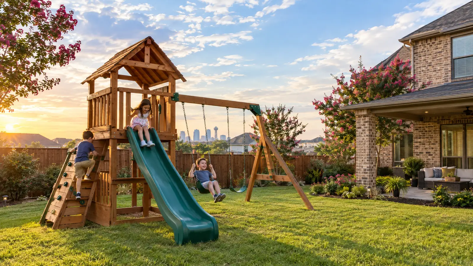 A backyard playground scene from Irving, TX