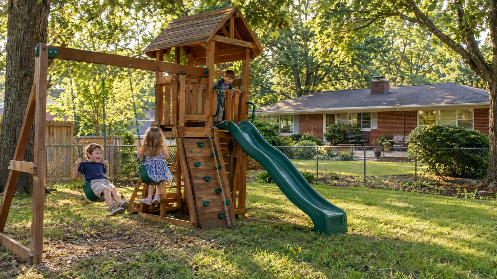 A backyard playground scene from Madison, TN