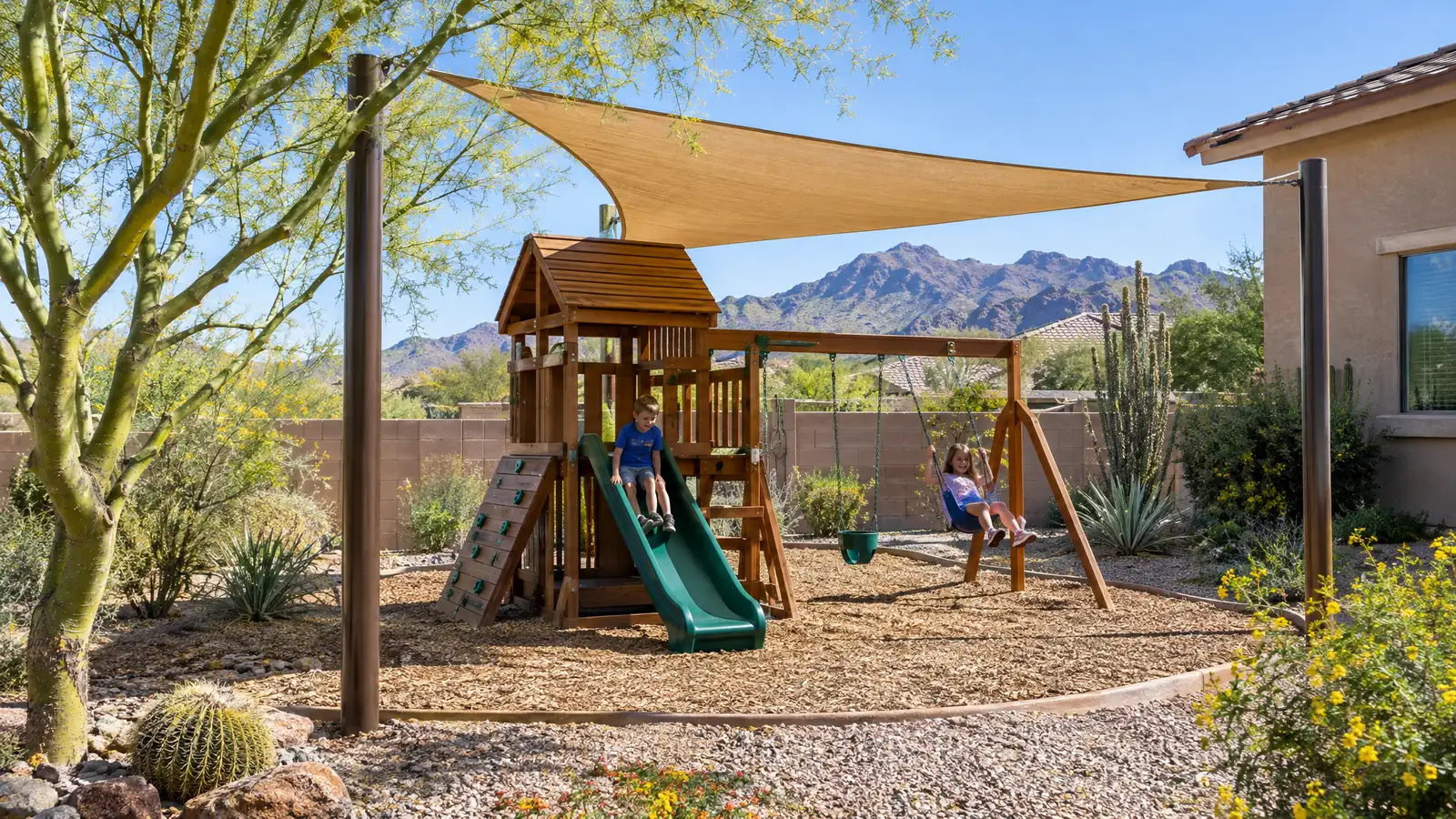 A backyard playground scene from Mesa, AZ