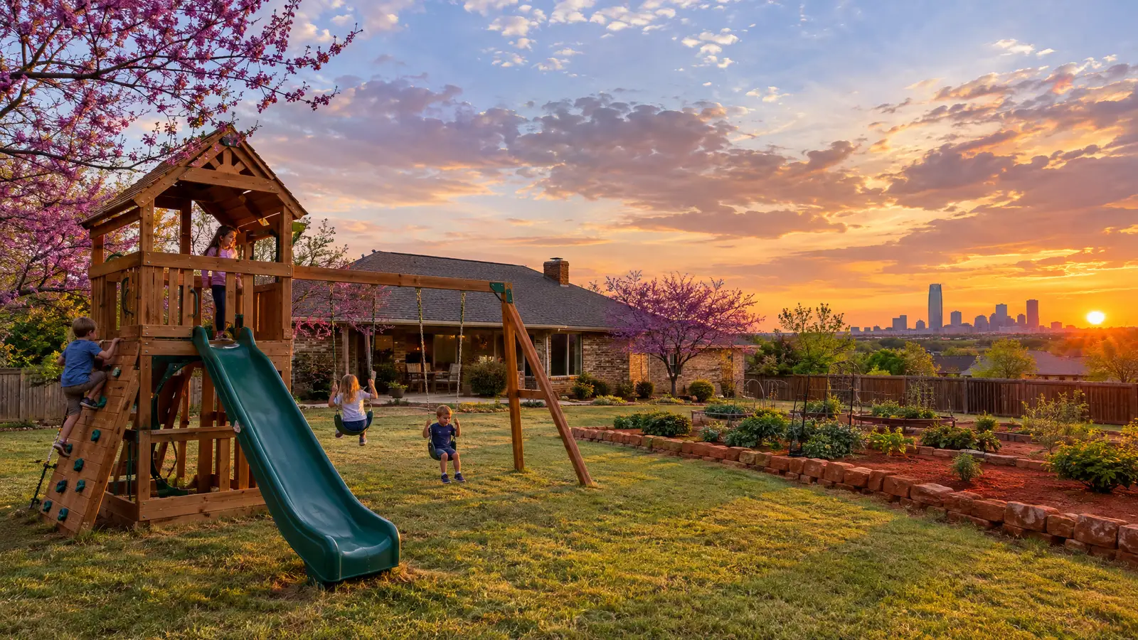 A backyard playground scene from Oklahoma City, OK