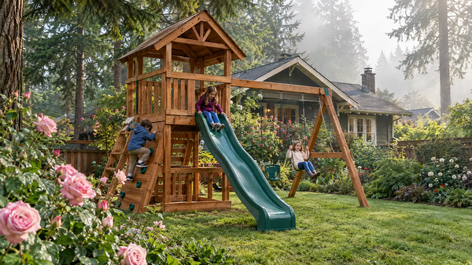 A backyard playground scene from Portland, OR