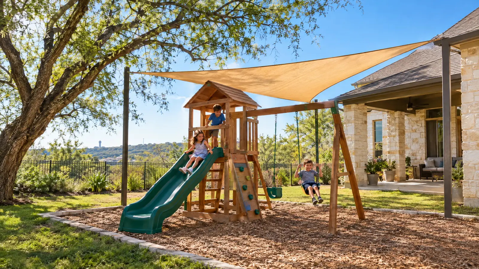 A backyard playground scene from San Antonio, TX