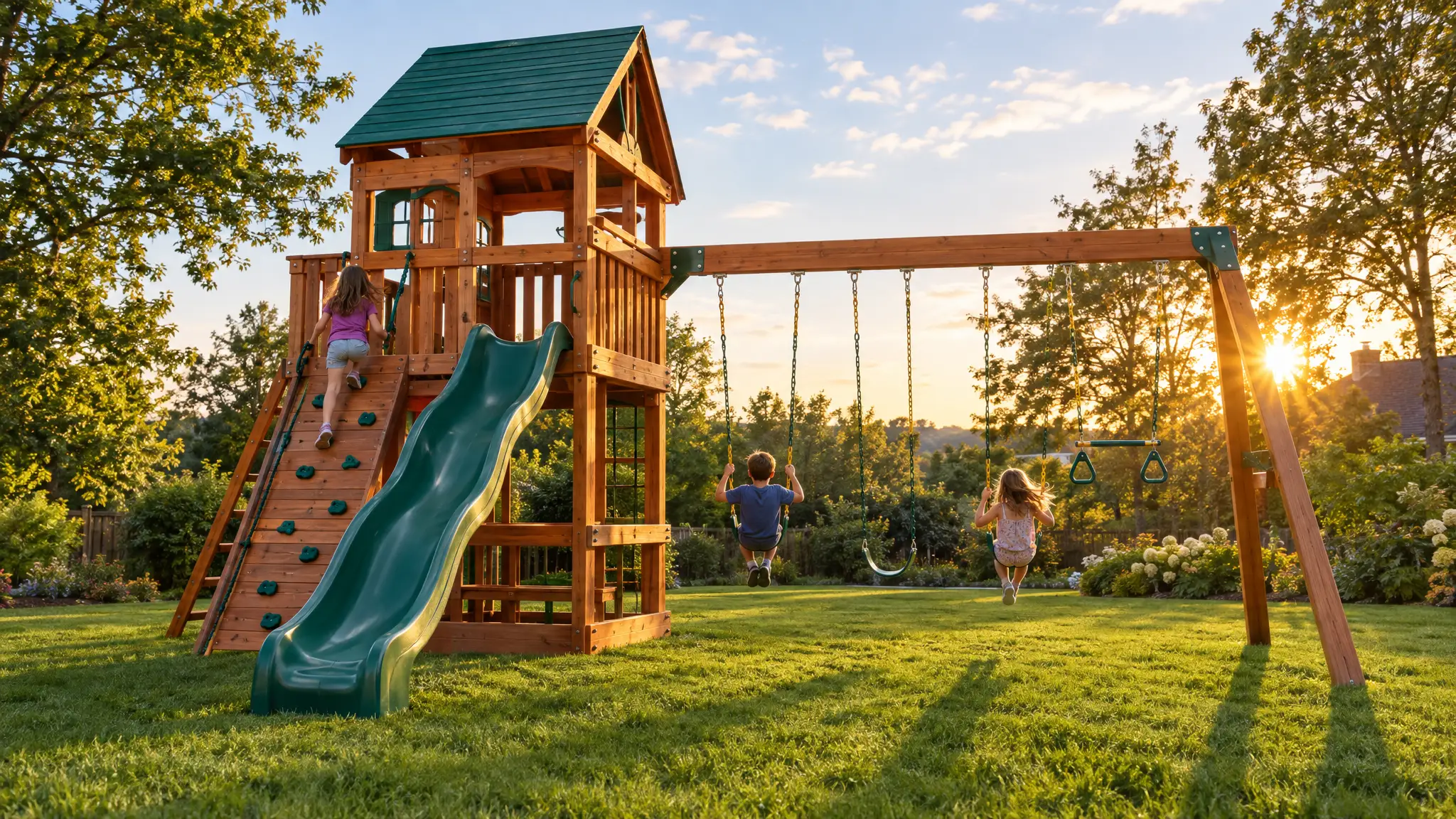 A large custom cedar swing set with a tower, wave slide, rock wall and swings in a sunny backyard