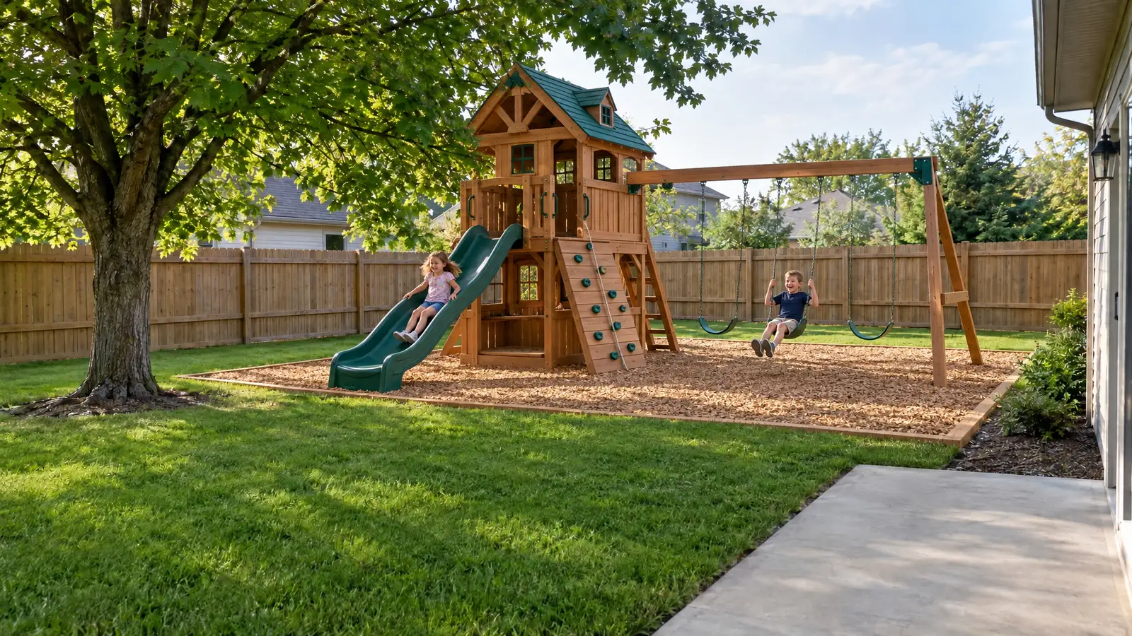 After: A backyard before and after a custom cedar swing set was built