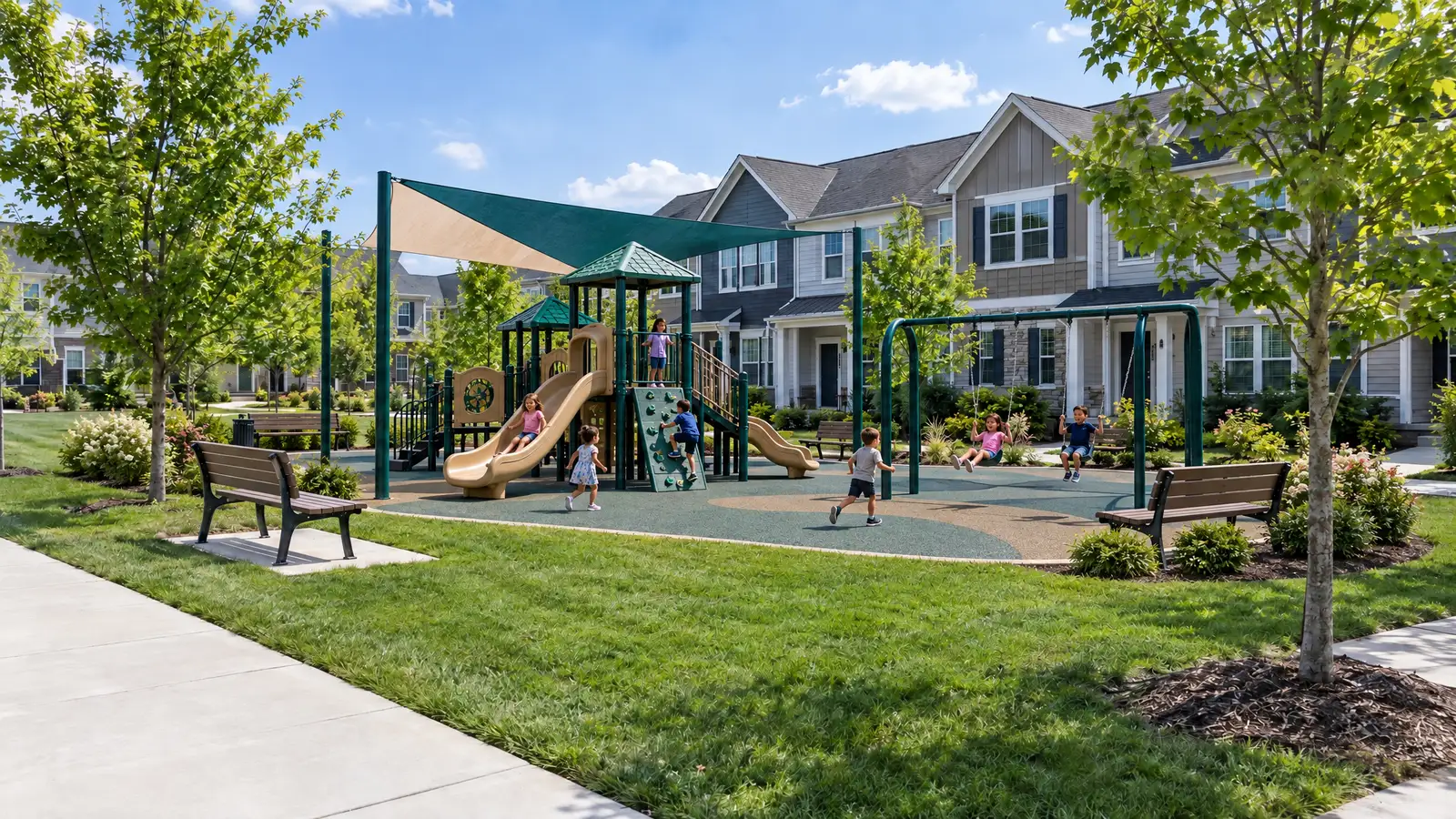After: A neighborhood common lawn before and after a community playground