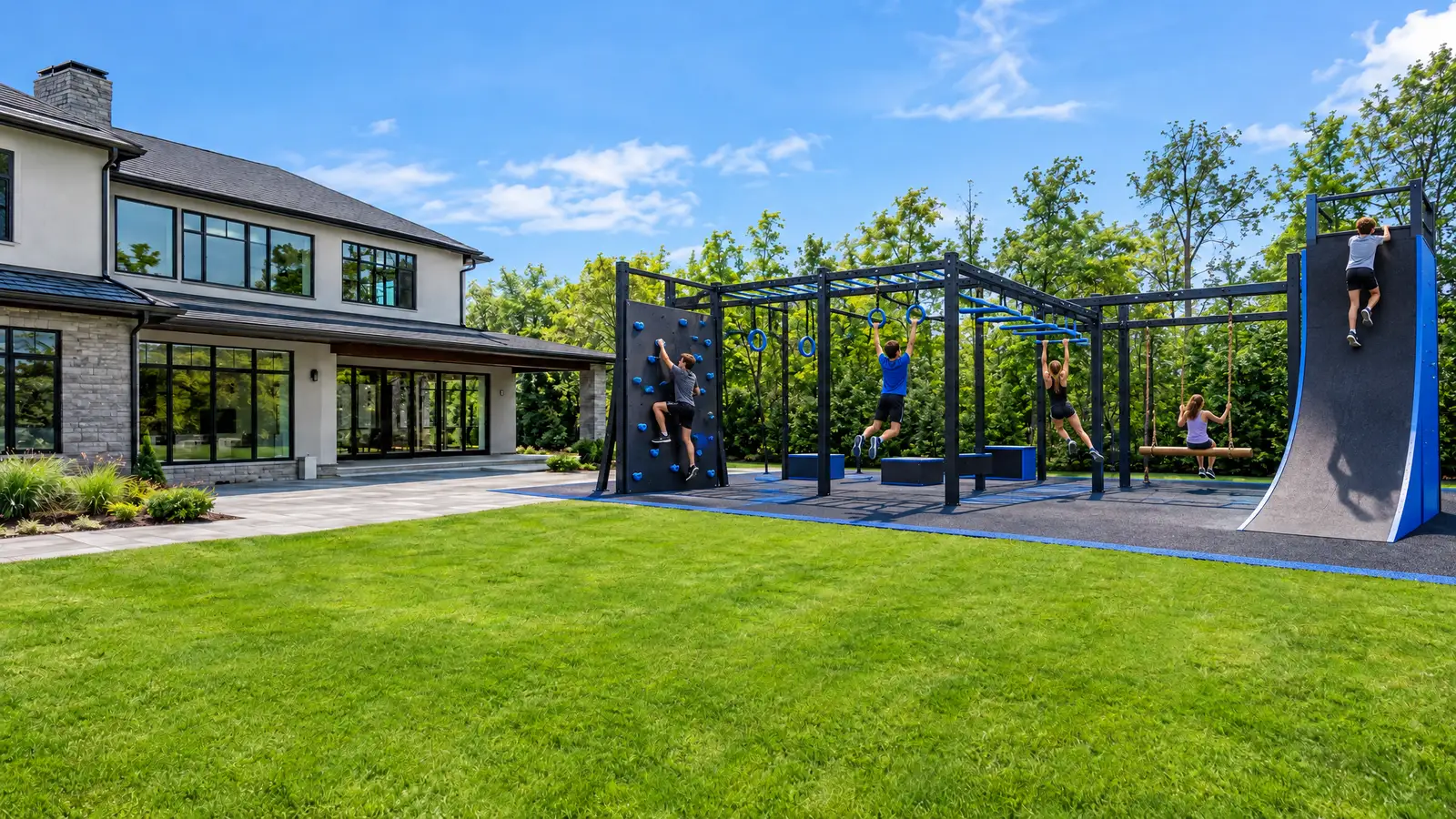 After: A backyard before and after a ninja warrior course and climbing wall