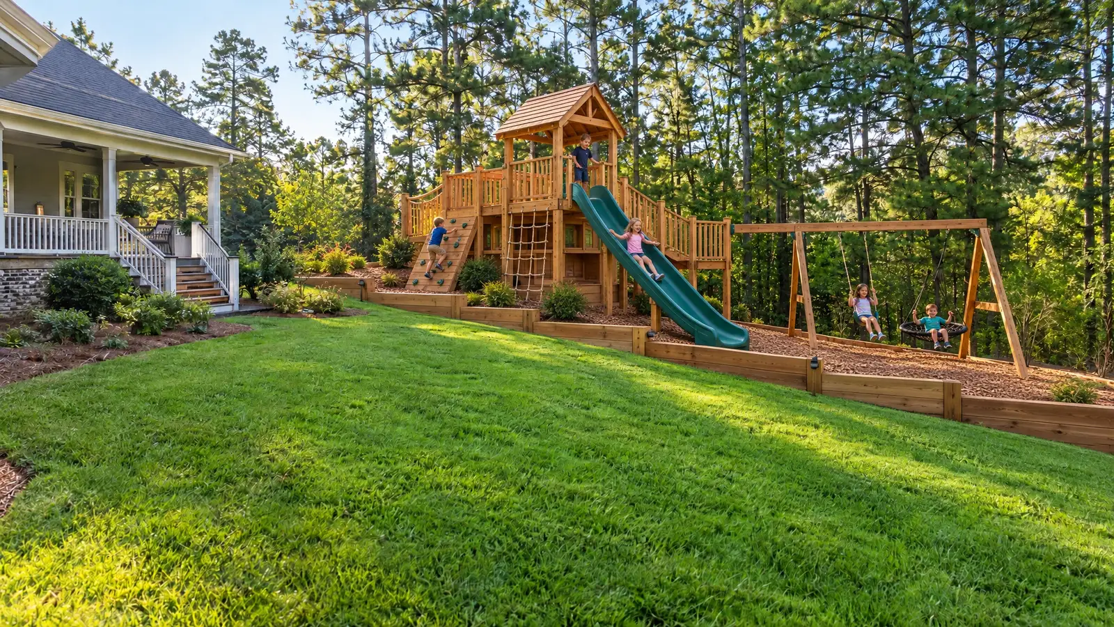 After: A sloped yard before and after a stepped playset with a hill slide