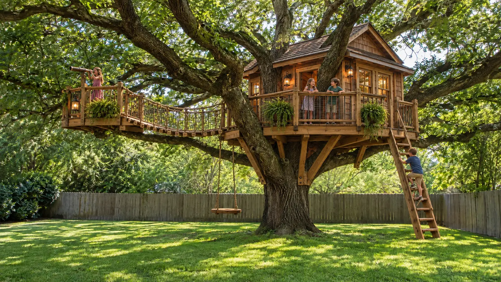After: A backyard oak tree before and after a custom treehouse was built