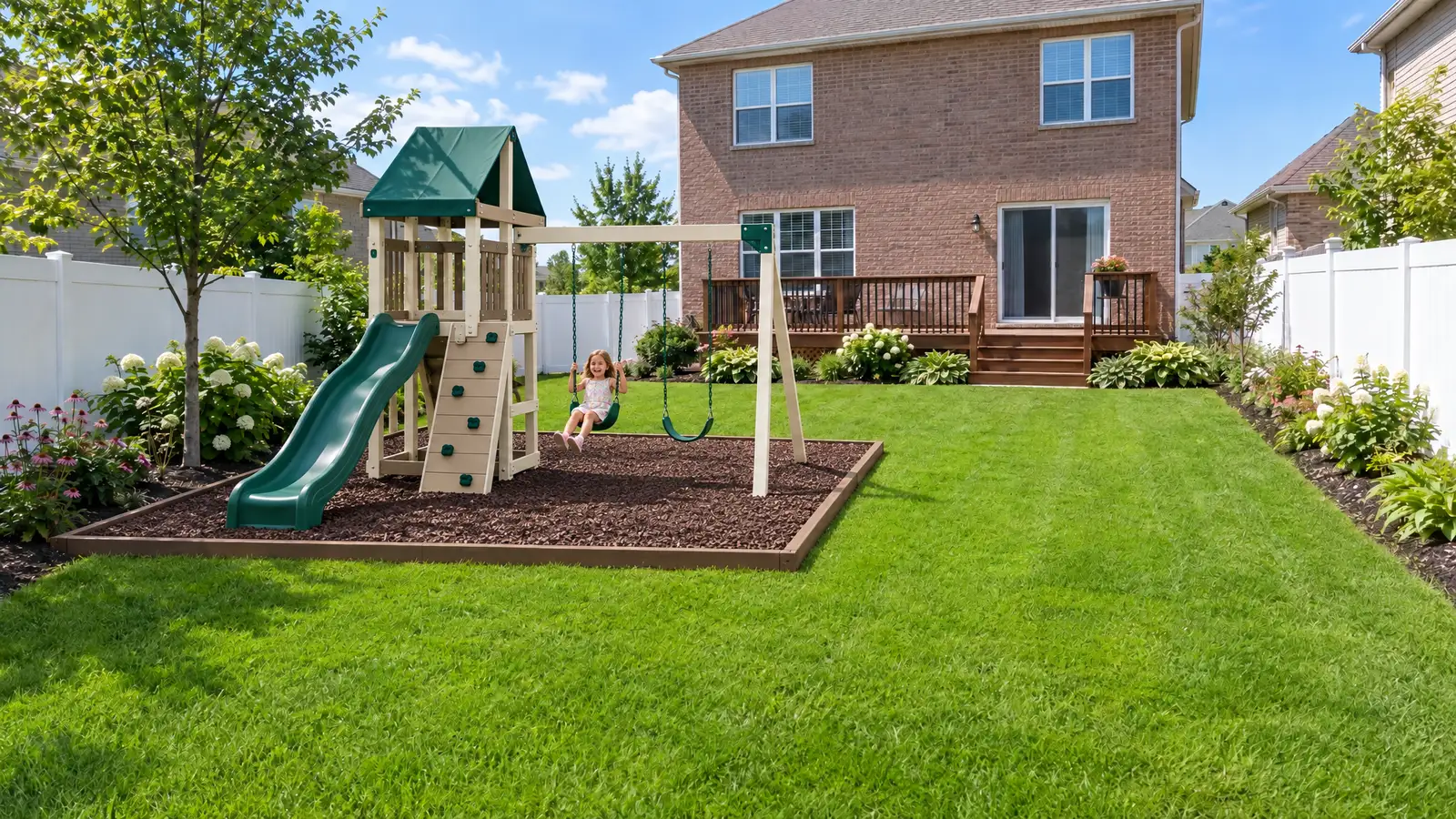 After: A backyard before and after a low-maintenance vinyl playset was installed
