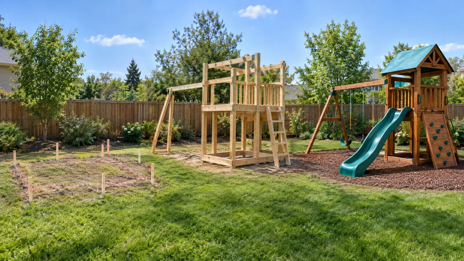 A custom playground built by Swing Set Galaxy