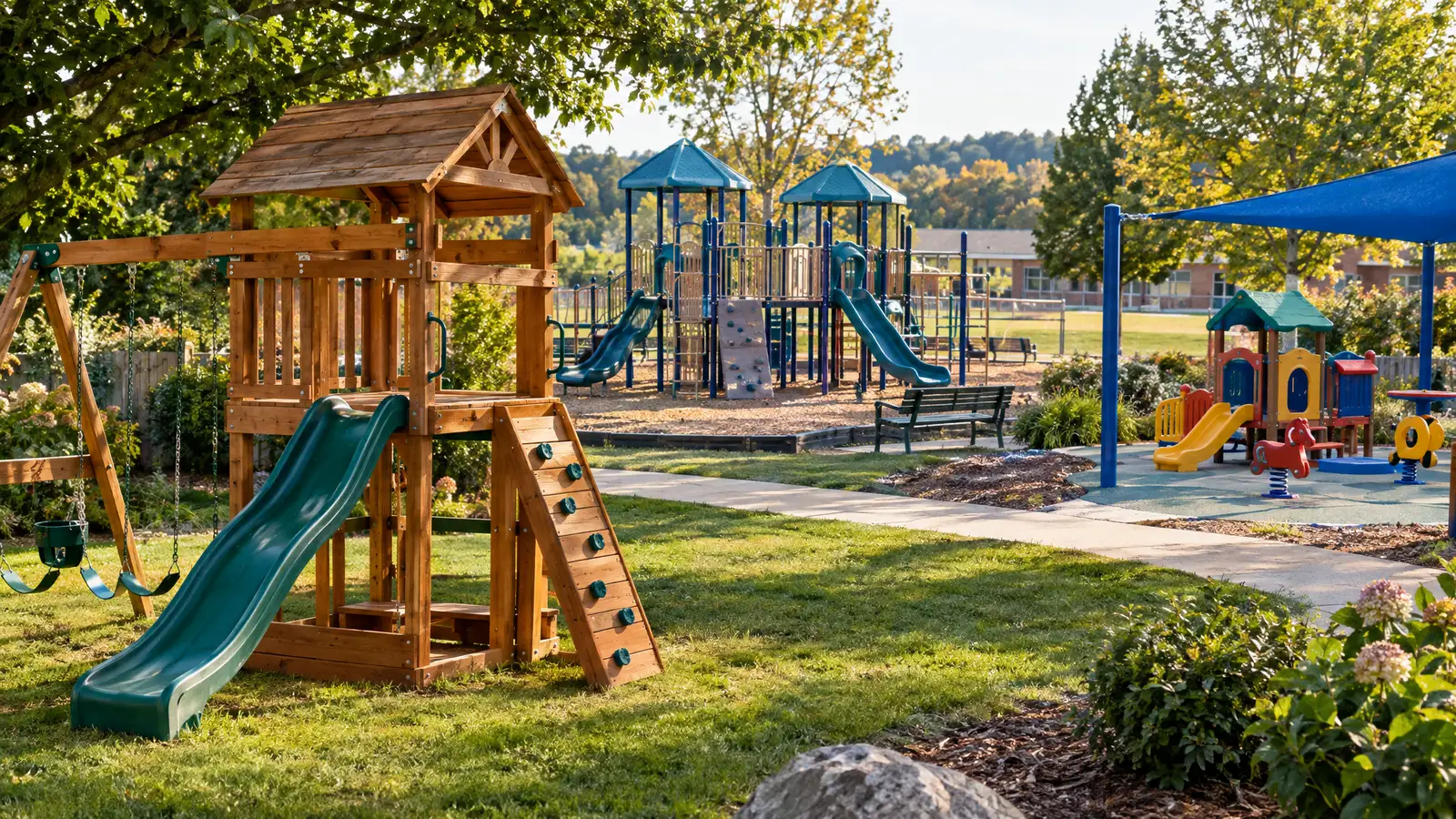 A custom playground built by Swing Set Galaxy