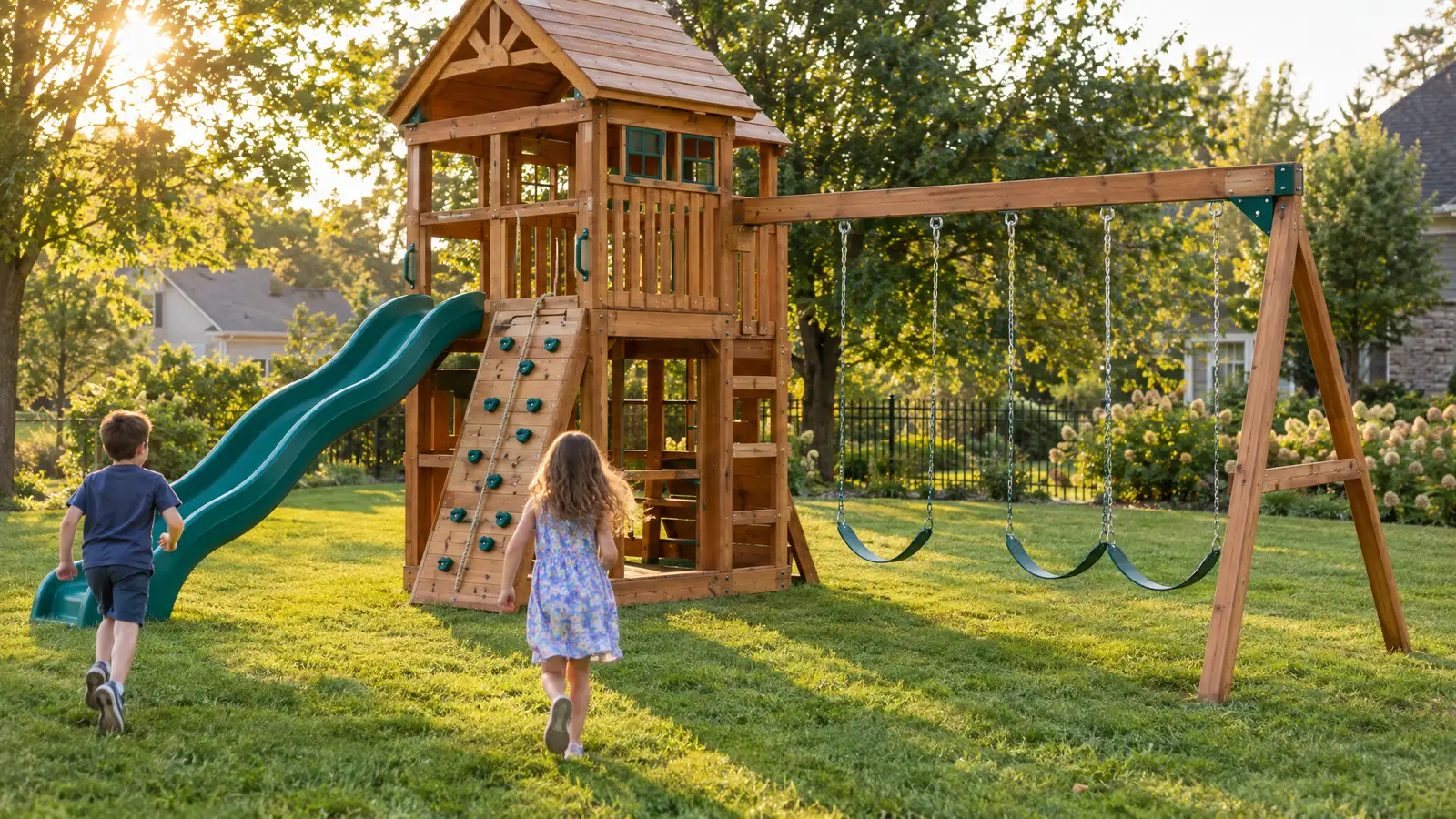 A custom cedar swing set with a fort