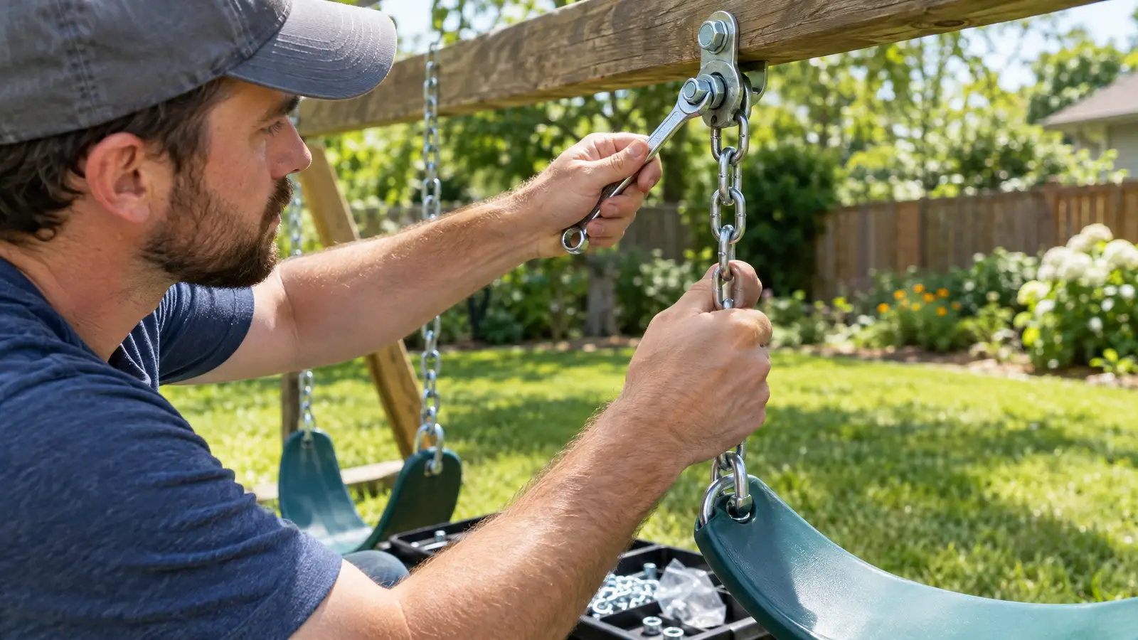 A technician repairing a swing set
