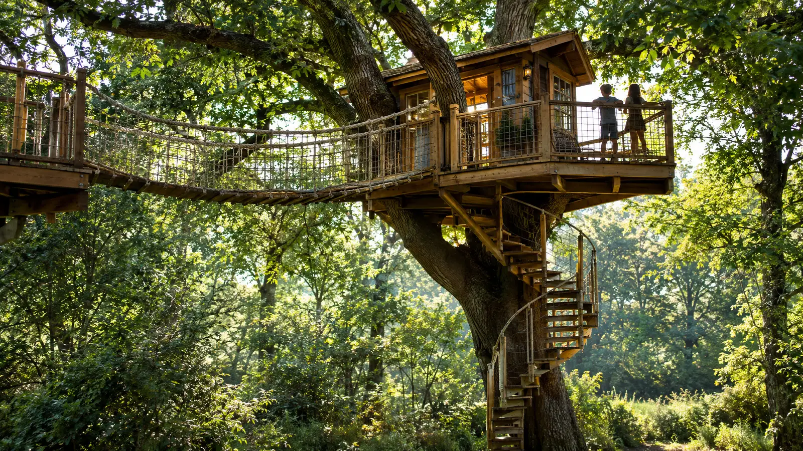 A custom treehouse with a rope bridge